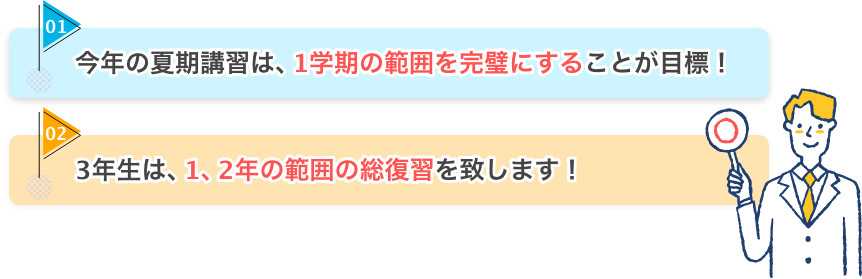 今年の夏期講習は、1学期の範囲を完璧にすることが目標！3年生は、1、2年の範囲の総復習を致します！