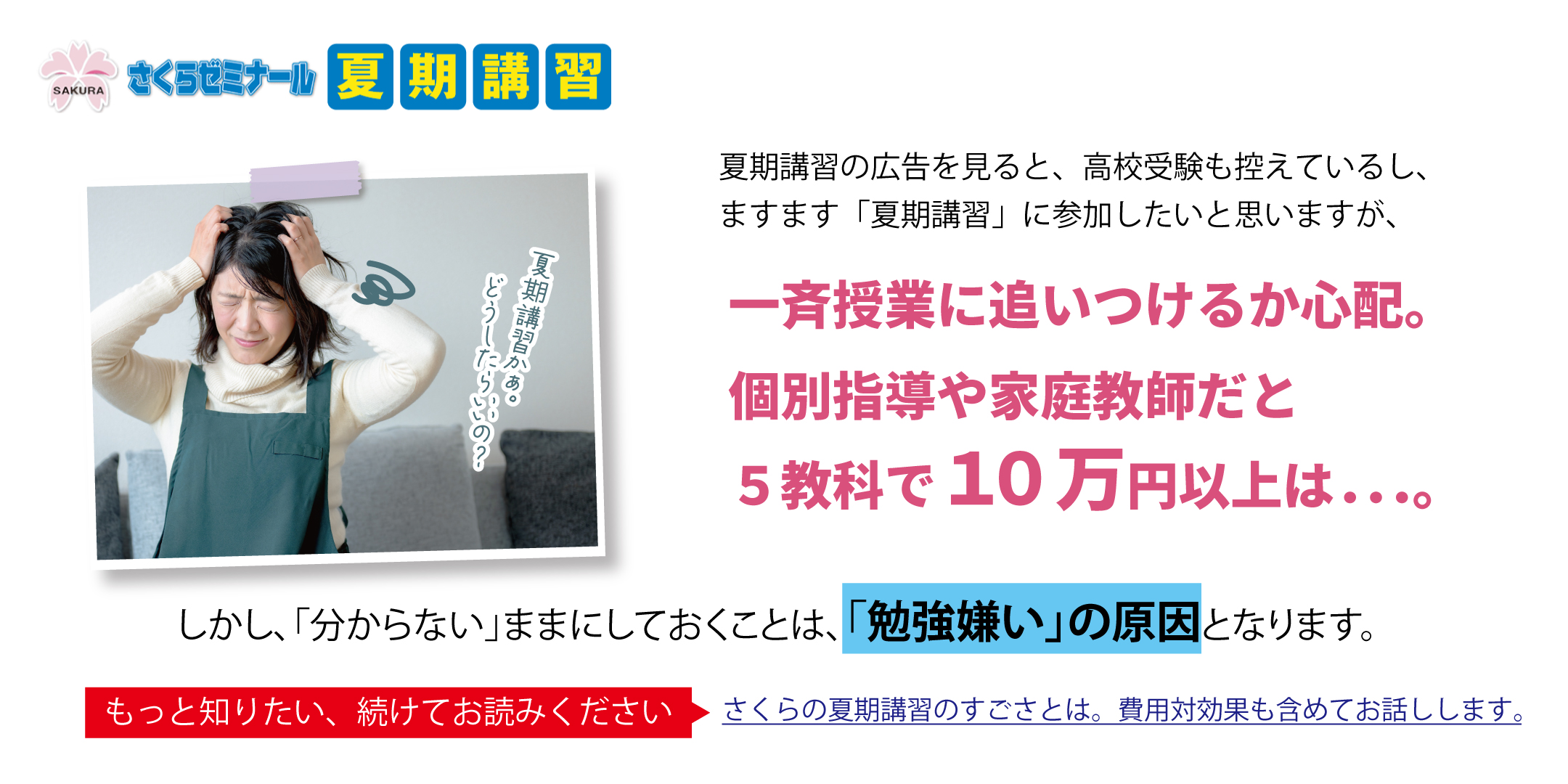 夏期講習の広告を見ると、高校受験も控えているし、ますます「夏期講習」に参加したいと思いますが、一斉授業に追いつけるか心配。個別指導や家庭教師だと5教科で10万円以上は…。しかし、「分からない」ままにしておくことは、「勉強嫌い」の原因となります。もっと知りたい、続けてお読みください。さくらの夏期講習のすごさとは。費用対効果も含めてお話しします。
