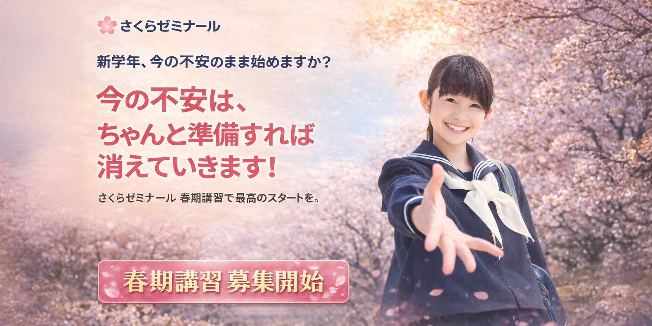 新学年、今の不安のまま始めますか？今の不安は、ちゃんと準備すれば消えていきます！さくらゼミナール 春期講習で最高のスタートを。春期講習 募集開始